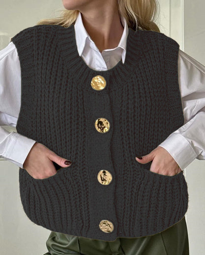 Damen gemütliche Strickweste mit großen Knöpfen und praktischen Taschen Merchesia