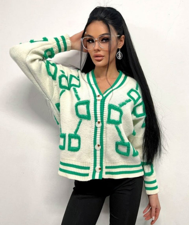 Damen Strickjacke mit grafischem Muster und Knopfdetails Merchesia