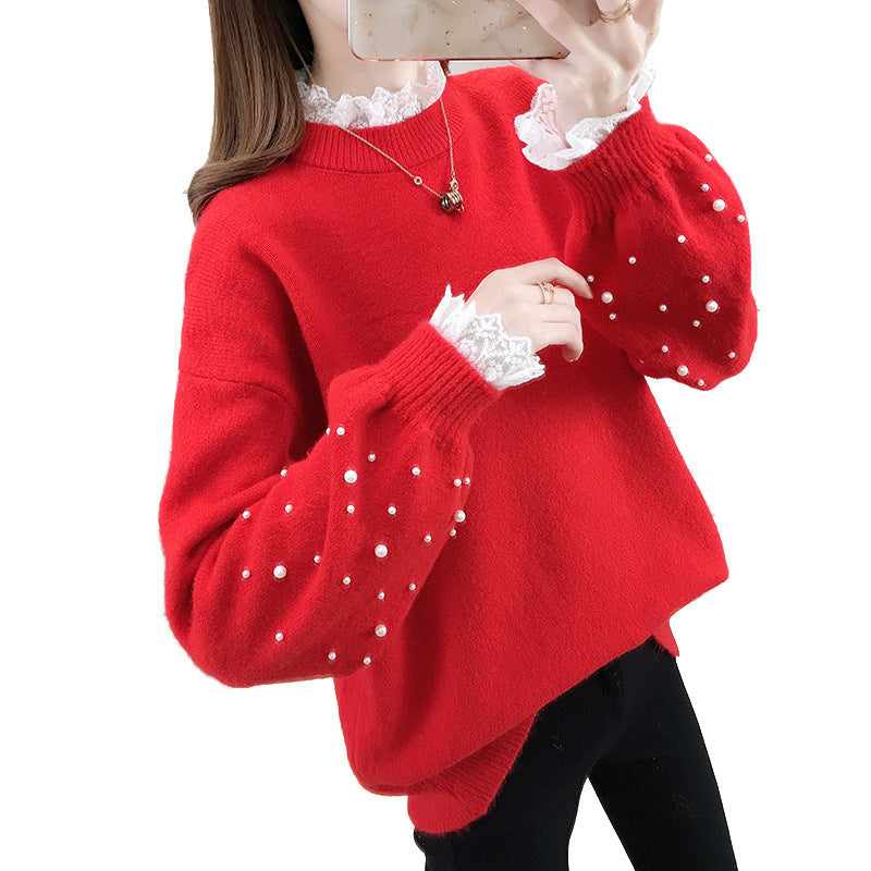 Damen trendiger Strickpullover mit Perlendetails und voluminösen Ärmeln Merchesia