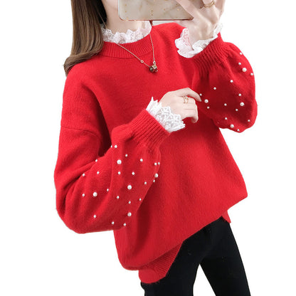 Damen trendiger Strickpullover mit Perlendetails und voluminösen Ärmeln Merchesia