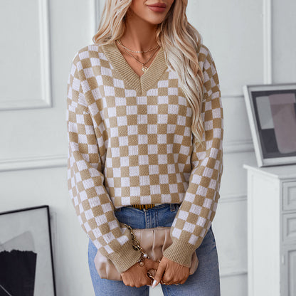 Damen lässiger V-Ausschnitt Pullover mit Karo-Muster und lockerer Passform Merchesia
