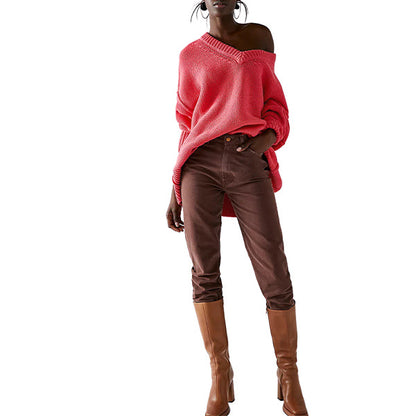 Damen V-Ausschnitt Oversized Pullover mit strukturiertem Strickmuster Merchesia