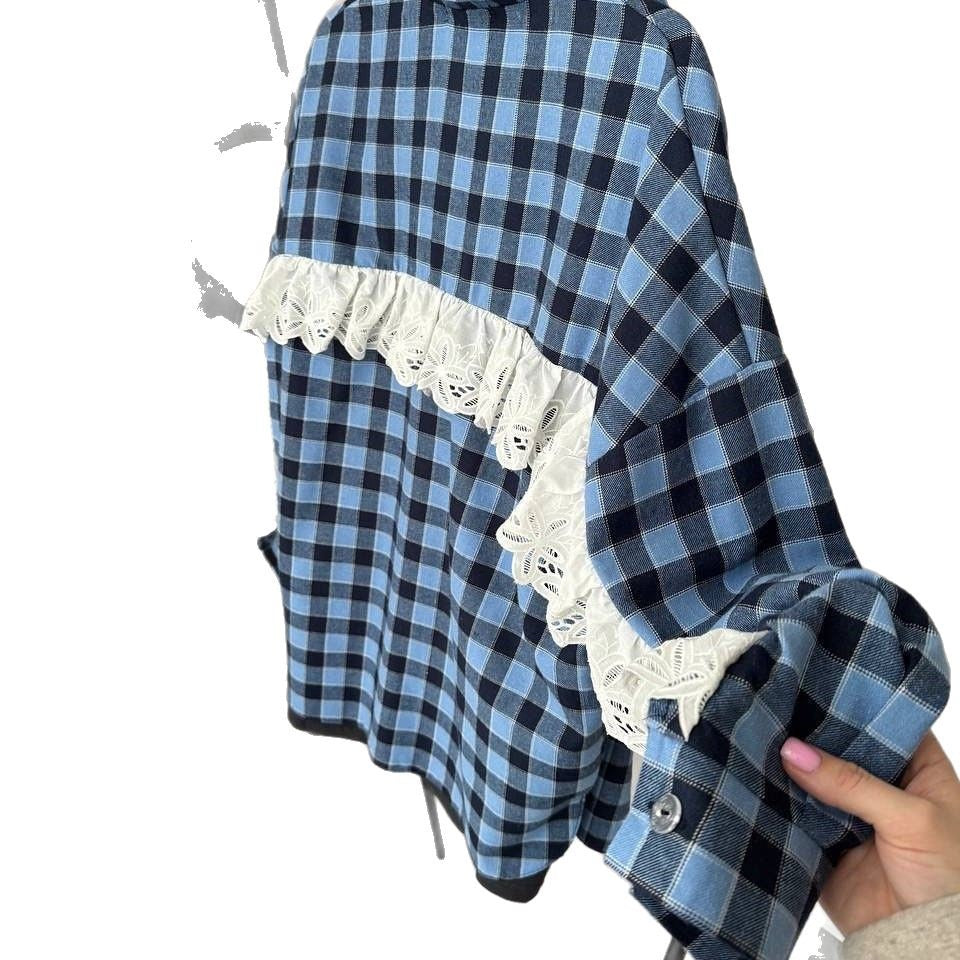 Damen Oversize Karoshirt mit romantischem Spitzenbesatz Merchesia