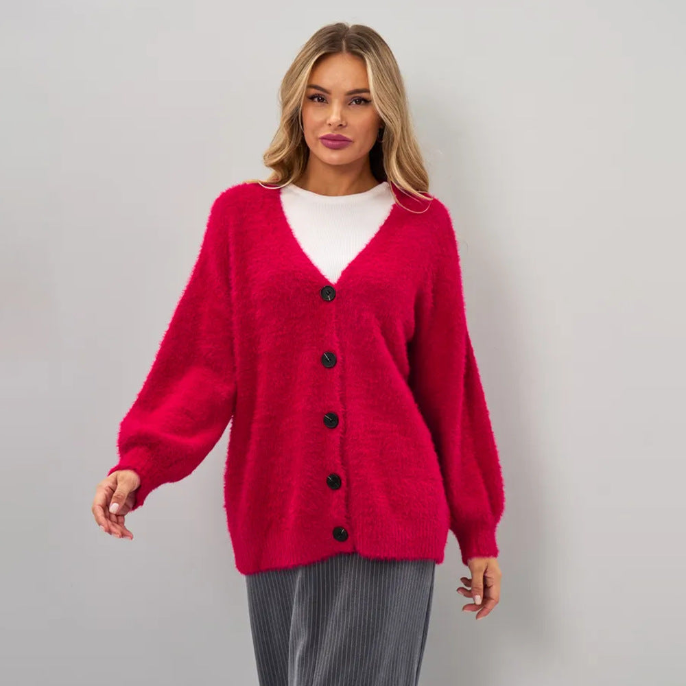 Damen Flauschiger Cardigan mit tiefem V-Ausschnitt und Knopfdetails Merchesia