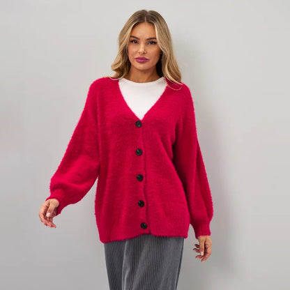 Damen Flauschiger Cardigan mit tiefem V-Ausschnitt und Knopfdetails Merchesia