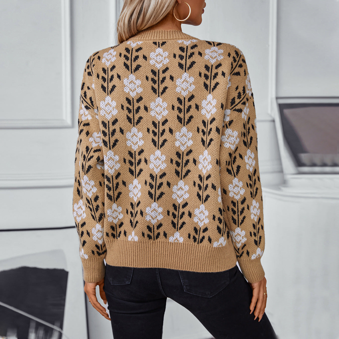 Damen lässiger Pullover mit floralem Muster und Rundhalsausschnitt Merchesia