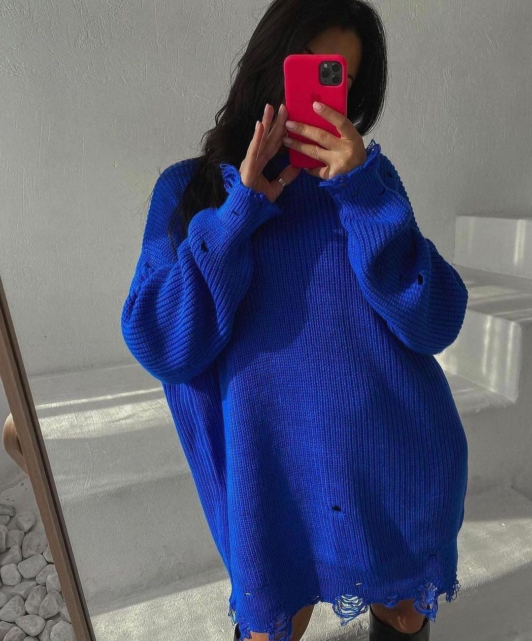 Damen Großer Strickpullover mit distressed Saum Merchesia