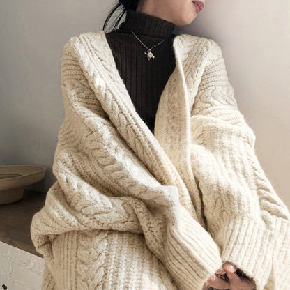 Damen Grobstrick Cardigan mit tiefem V-Ausschnitt und voluminösen Ärmeln Merchesia