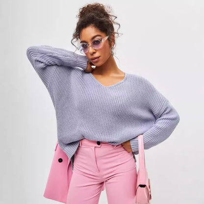 Damen lässiger Strickpullover mit tiefem V-Ausschnitt und seitlichen Schlitzen Merchesia