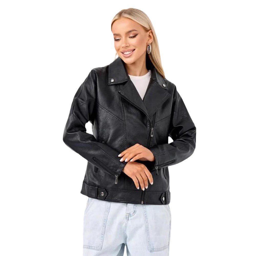 Damen hochwertige Kunstlederjacke im Biker-Stil mit asymmetrischem Reißverschluss Merchesia