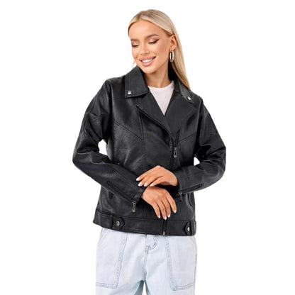 Damen hochwertige Kunstlederjacke im Biker-Stil mit asymmetrischem Reißverschluss Merchesia