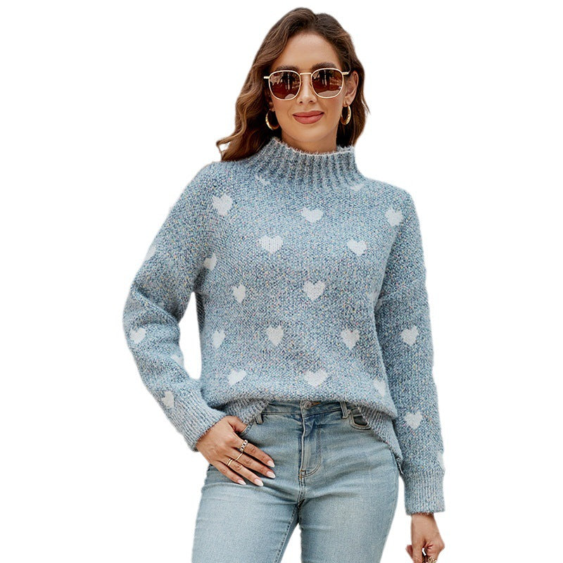 Damen modischer Strickpullover mit Herzmotiv und hohem Kragen Merchesia