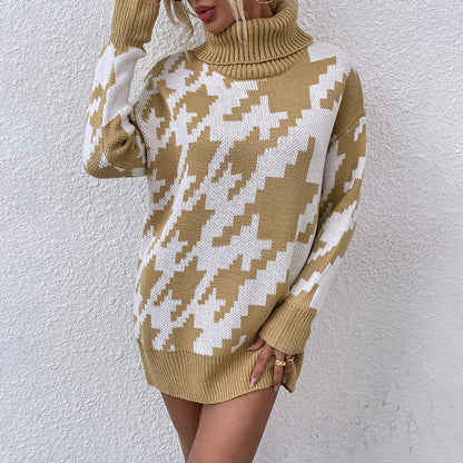 Damen Oversized Pullover mit Hohem Kragen und Modernem Muster Merchesia