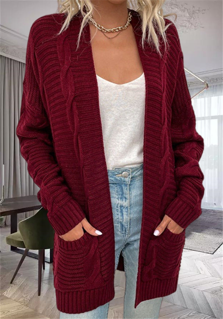 Damen Grobstrickcardigan mit seitlichen Taschen und feinem Muster Merchesia
