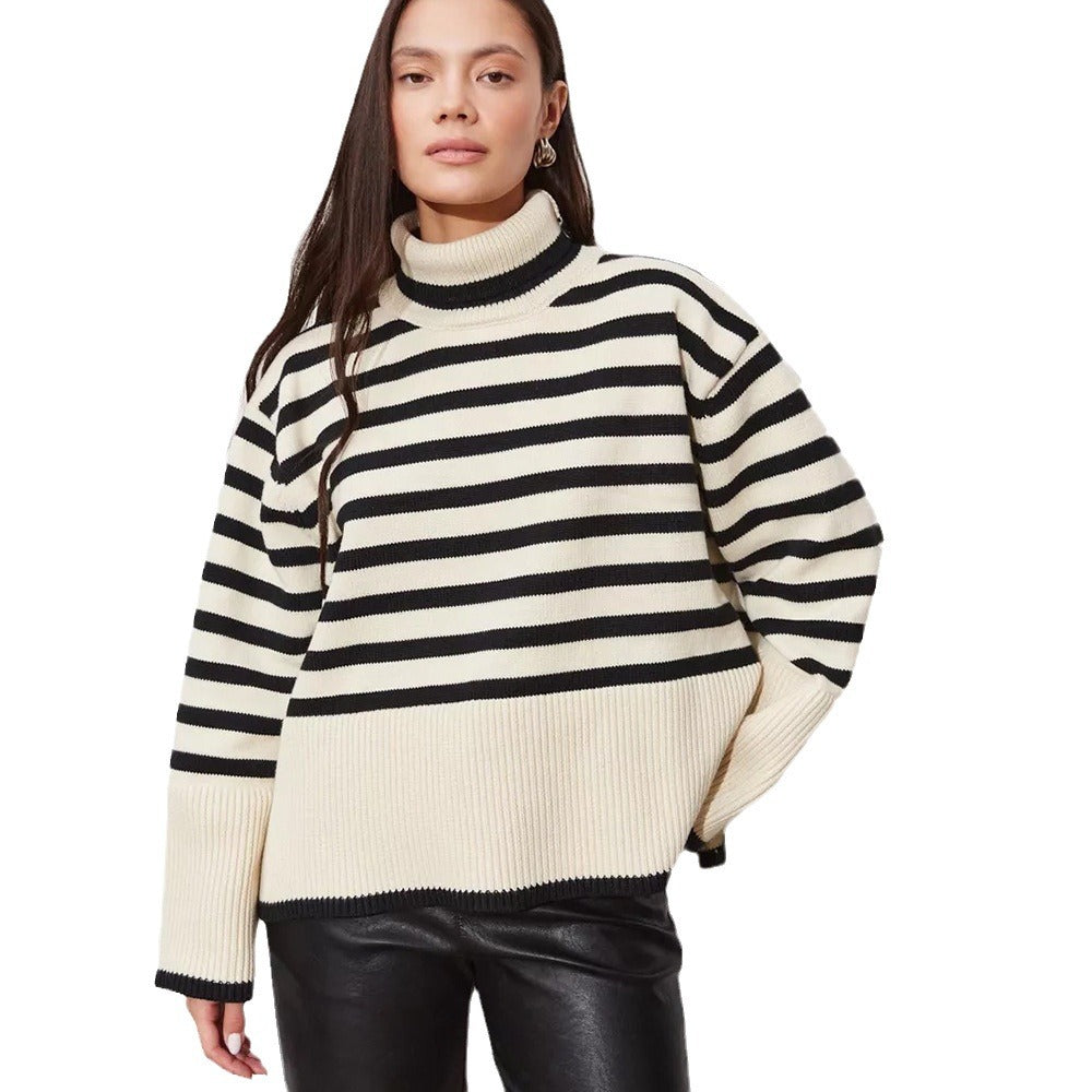 Damen Gemütlicher Rollkragenpullover mit klassischen Streifen und modischen Details Merchesia
