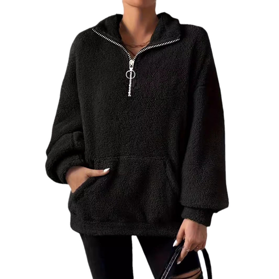 Damen kuscheliger Fleece-Pullover mit halbem Reißverschluss und Seitentaschen Merchesia