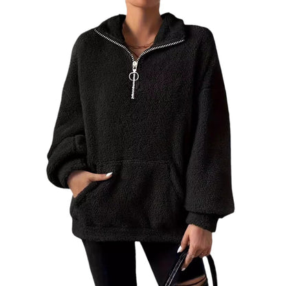 Damen kuscheliger Fleece-Pullover mit halbem Reißverschluss und Seitentaschen Merchesia