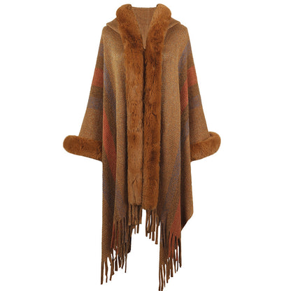 Damen modischer Poncho mit luxuriösem Kunstfellkragen und Fransen Merchesia