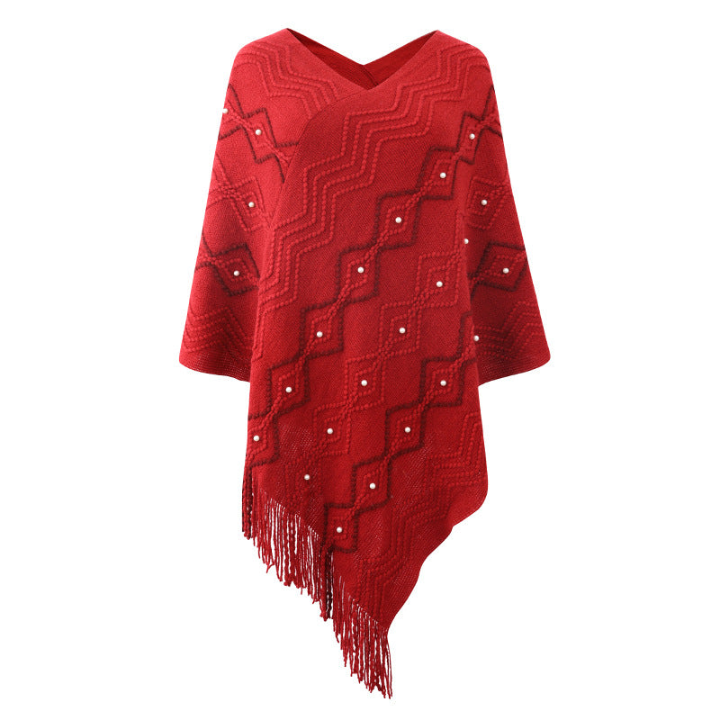 Damen eleganter Poncho mit auffälligem Strukturmuster und dekorativen Fransen Merchesia
