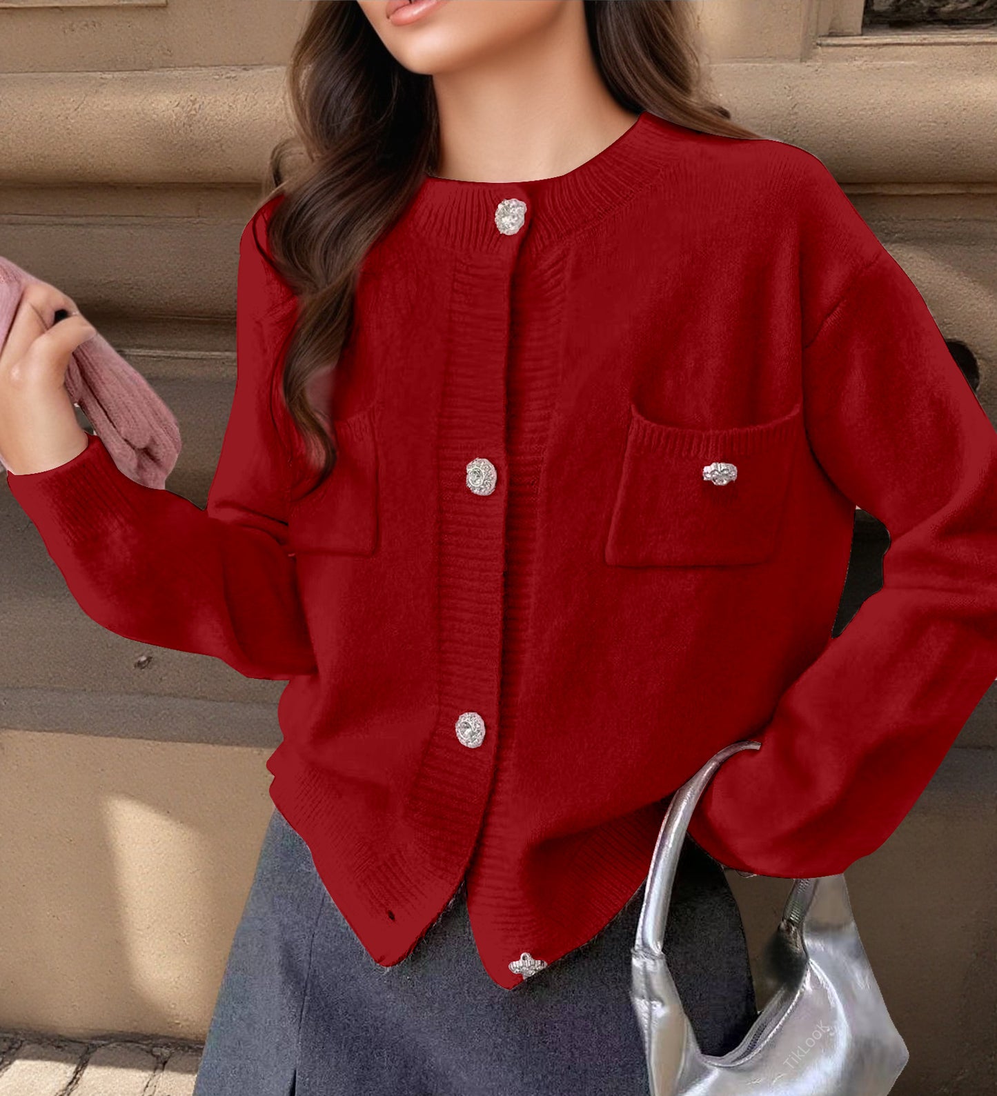 Damen Strickjacke mit dekorativen Taschen und edlen Knöpfen Merchesia