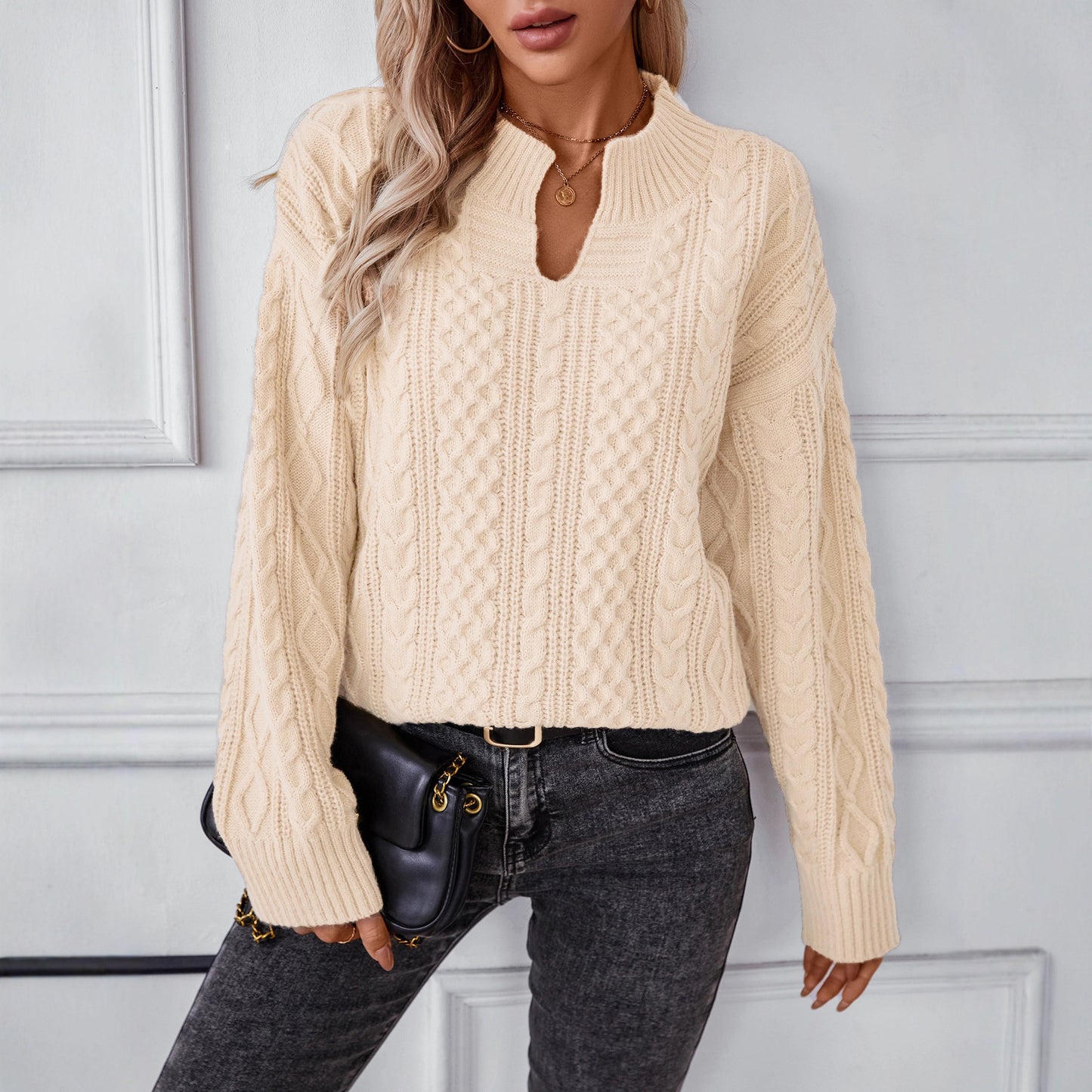 Damen modischer Strickpullover mit einzigartigem Zopfdesign und Rundhalsausschnitt Merchesia