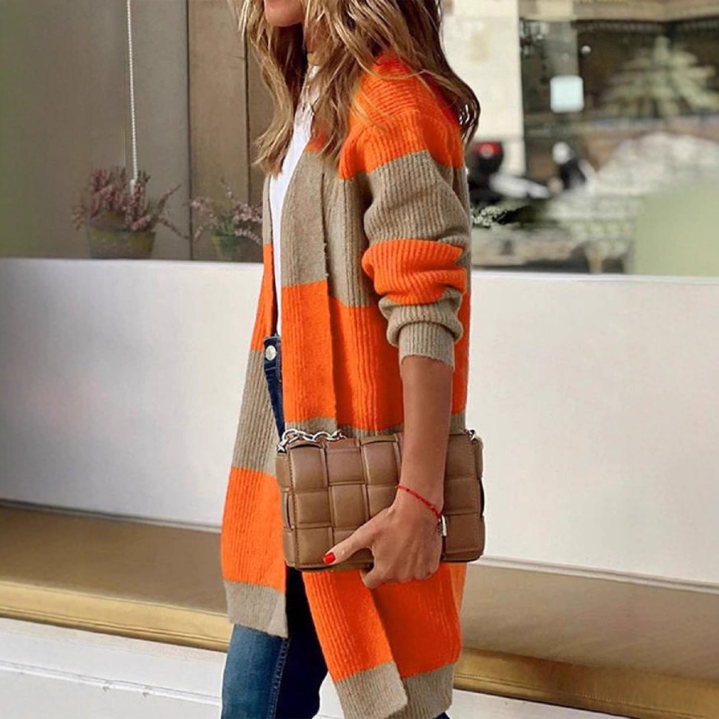 Damen langärmeliger Strickcardigan mit modischem Blockstreifen Merchesia