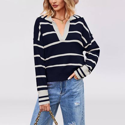 Damen lässiger Pullover mit V-Ausschnitt und breitem Streifenmuster Merchesia