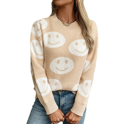 Damen lässiger Pullover mit fröhlichem Smiley-Muster Merchesia