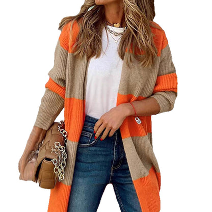 Damen langärmeliger Strickcardigan mit modischem Blockstreifen Merchesia