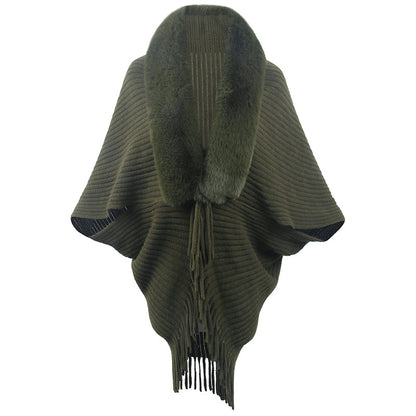 Damen luxuriöser Strickponcho mit elegantem Kunstfellkragen und Fransen Merchesia