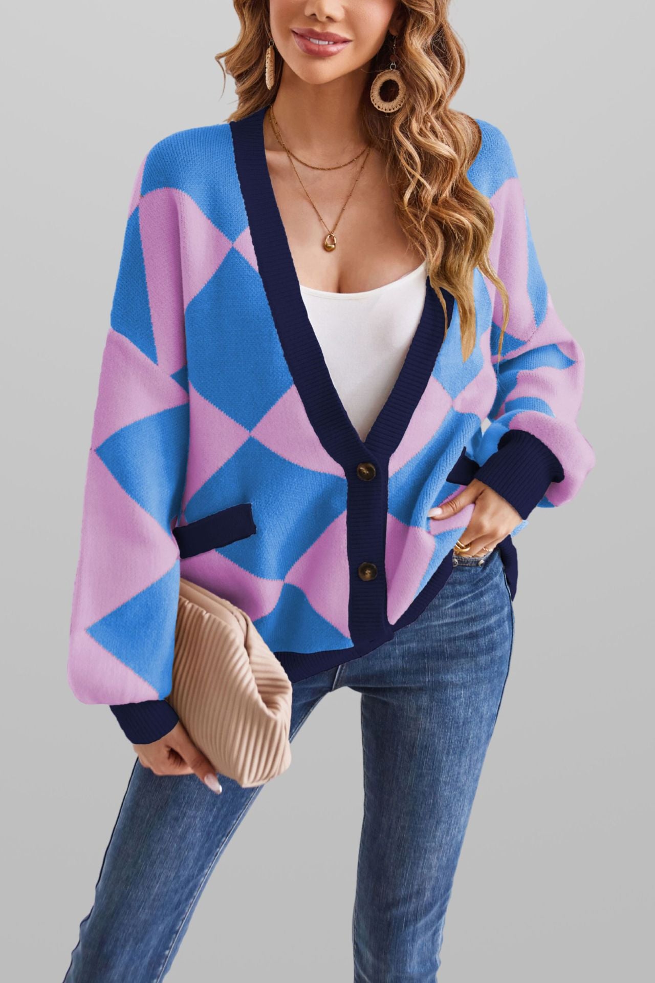 Damen kreativer Strickcardigan mit geometrischem Muster Merchesia