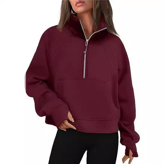 Damen kuscheliger Half-Zip Pullover mit Kapuze und Kängurutasche Merchesia