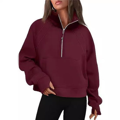 Damen kuscheliger Half-Zip Pullover mit Kapuze und Kängurutasche Merchesia