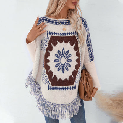 Damen eleganter Strickponcho mit kunstvollem Muster und fransigem Abschluss Merchesia