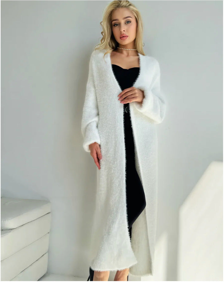 Damen Langer Flauschiger Cardigan mit offenem Schnitt und überschnittenen Ärmeln Merchesia