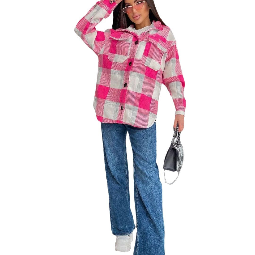 Damen Karierte overshirt mit weichem Fleece und Druckknopfverschluss Merchesia