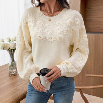 Damen modischer Pullover mit floralen Stickereien und strukturiertem Ärmel Merchesia