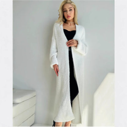 Damen Langer Flauschiger Cardigan mit offenem Schnitt und überschnittenen Ärmeln Merchesia