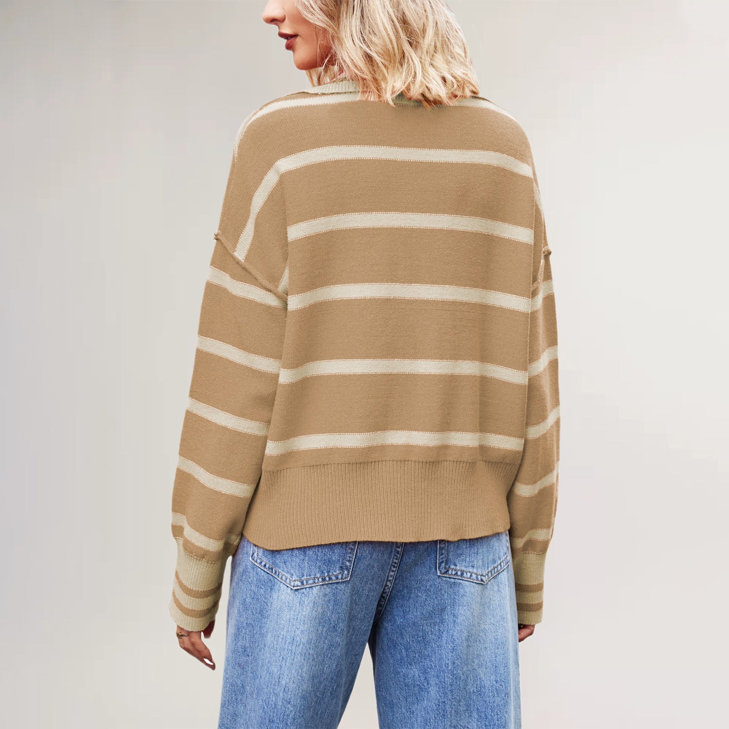 Damen lässiger Pullover mit V-Ausschnitt und gestreiftem Design Merchesia