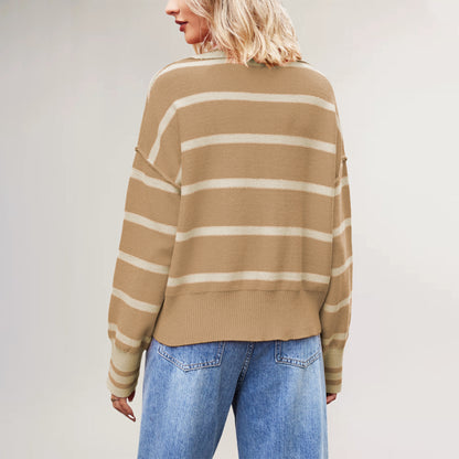 Damen lässiger Pullover mit V-Ausschnitt und gestreiftem Design Merchesia