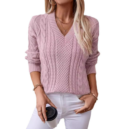 Damen modischer Strickpullover mit tiefem V-Ausschnitt und Zopfmuster Merchesia