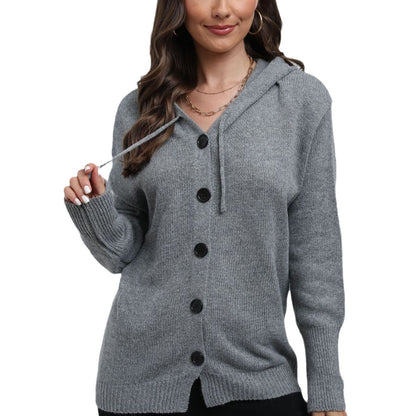 Damen Kapuzenstrickjacke mit Knopfverschluss und breitem Rippmuster Merchesia