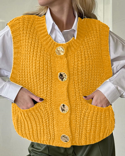 Damen gemütliche Strickweste mit großen Knöpfen und praktischen Taschen Merchesia
