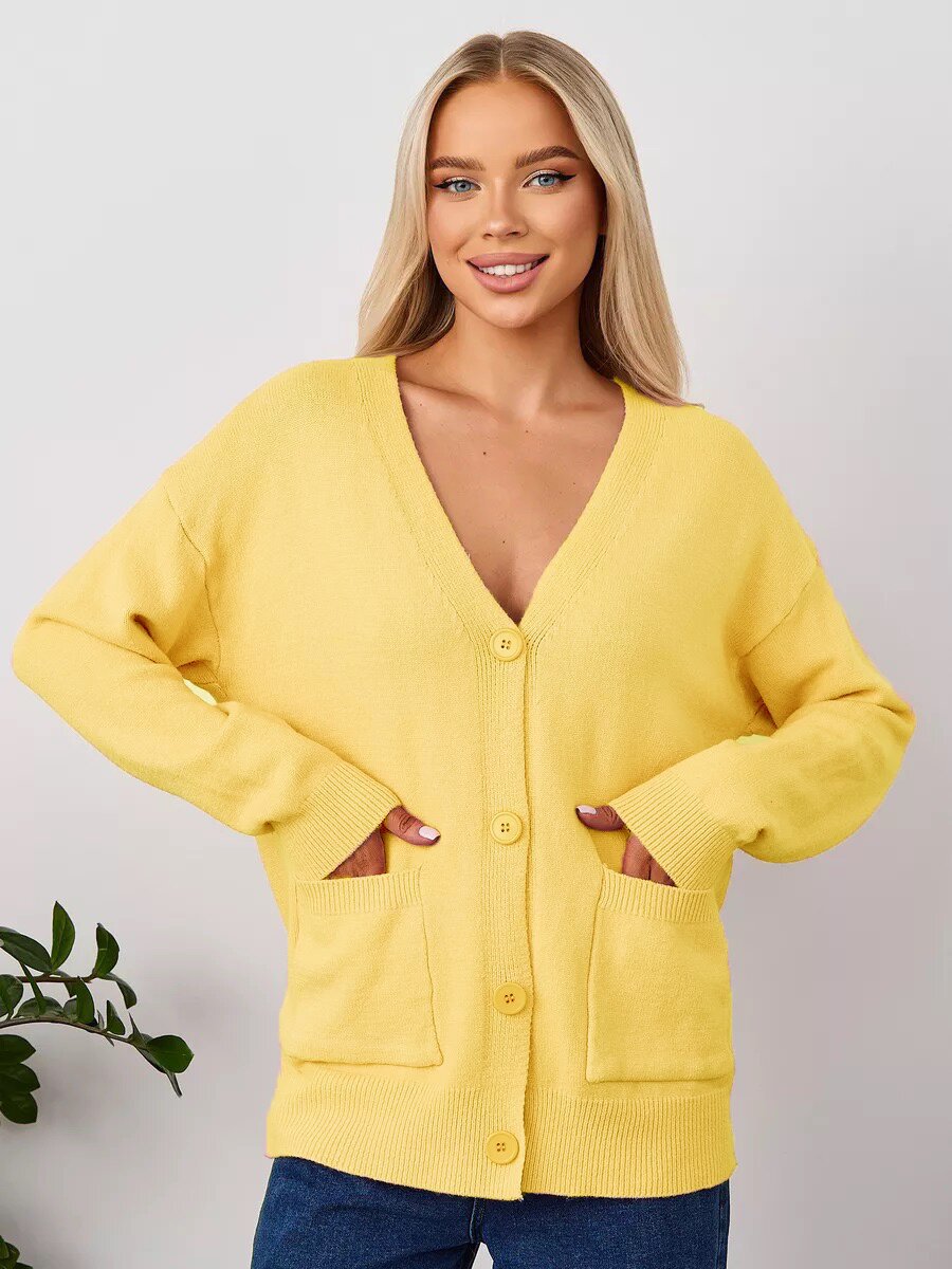 Damen Kuscheliger Cardigan mit V-Ausschnitt und praktischen Taschen Merchesia