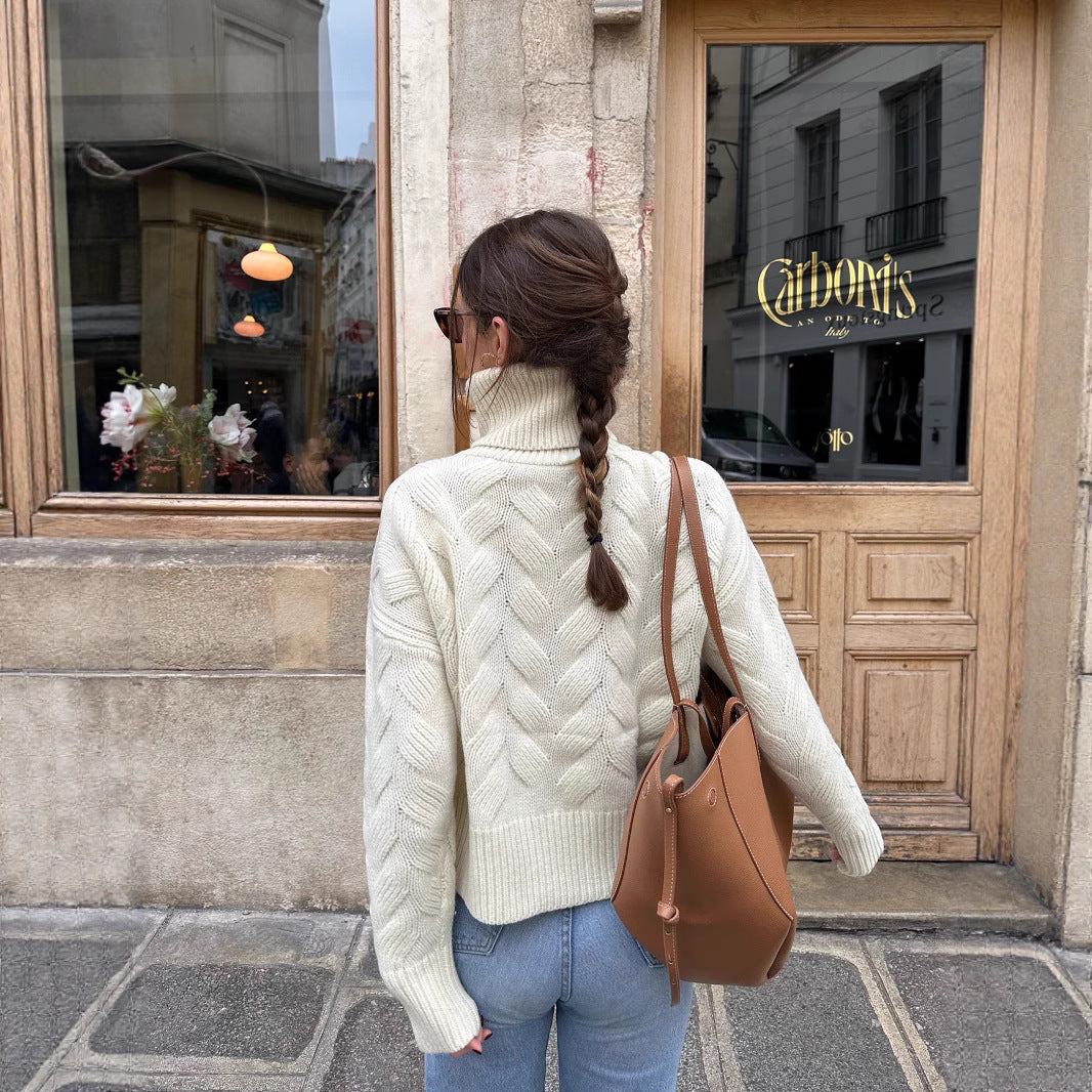 Damen gemütlicher Pullover mit hohem Kragen und Kabelstrick Merchesia