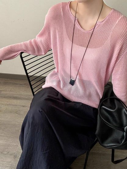 Damen luftiger Strickpullover mit V-Ausschnitt und lässigem Schnitt Merchesia