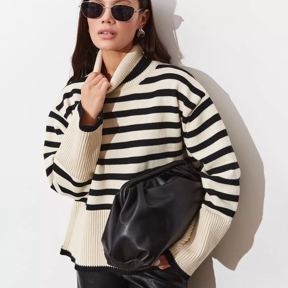 Damen Gemütlicher Rollkragenpullover mit klassischen Streifen und modischen Details Merchesia