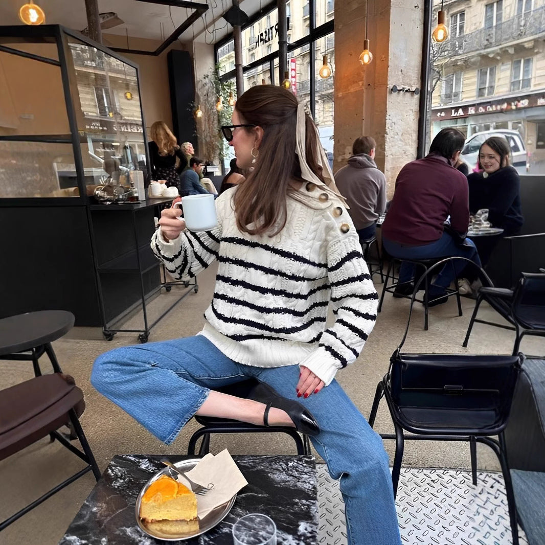 Damen Strickpullover mit maritimen Streifen und Knopfdetails Merchesia