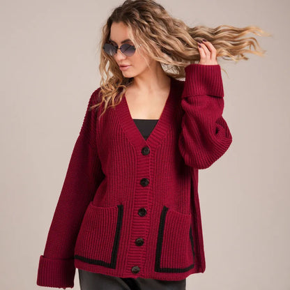 Damen gemütlicher Strickcardigan mit großen Taschen und dekorativen Knopfdetails Merchesia
