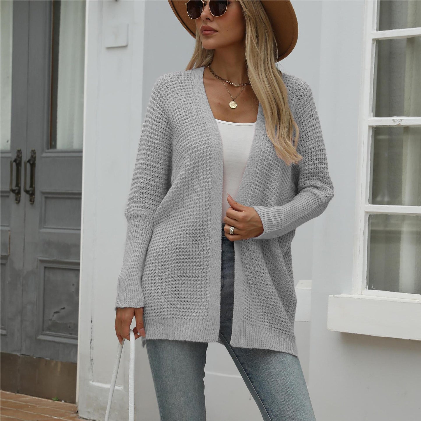 Damen Großer Strickcardigan mit modernem Wabenmuster und offenem Schnitt Merchesia